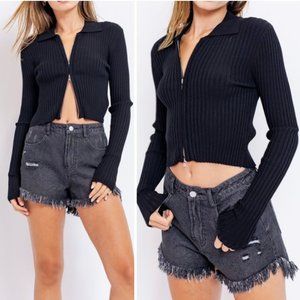 Bet On It Ribbed Zip Long Sleeve Top Black